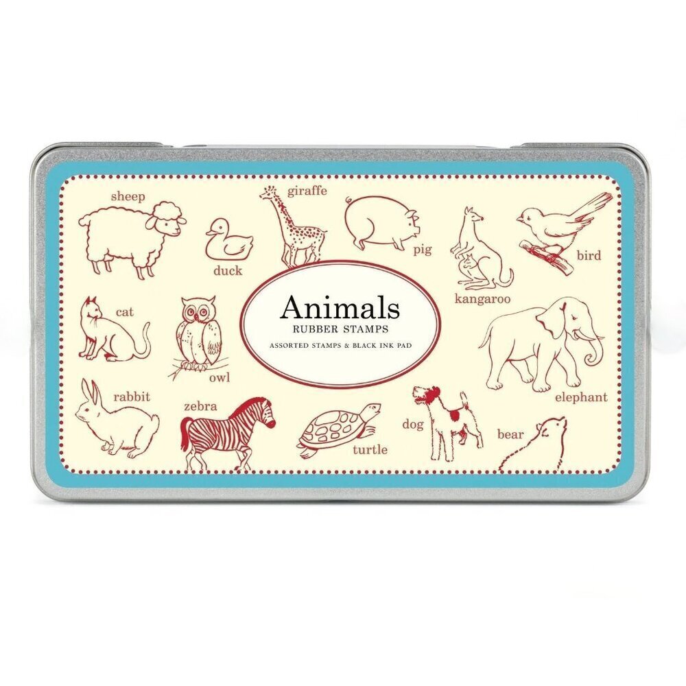 Cavallini Papers & Co Wooden Animal Stamps Set Charming Crafts Storage Tin